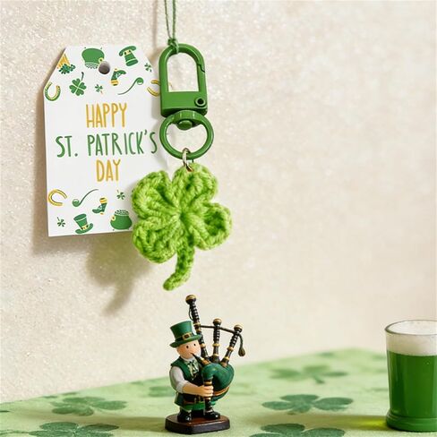 St. Patrick's Day Crochet Shamrock Keychain Set Handmade Four Leaf Clover Keyrings Green Irish Lucky Charm Gift in Kuwait