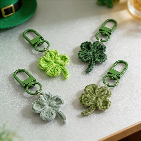 St. Patrick's Day Crochet Shamrock Keychain Set Handmade Four Leaf Clover Keyrings Green Irish Lucky Charm Gift in Kuwait