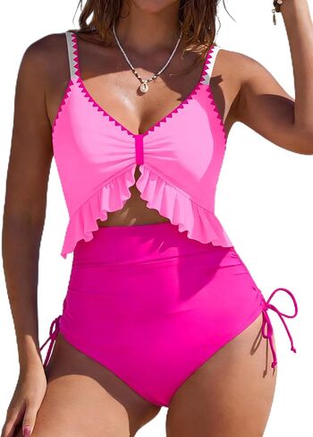SHESHOW Womens Tummy Control One Piece Swimsuit High Waisted Cutout Ruffle Bathing Suit Color Block Swimsuits S-XXL in Saudi Arabia