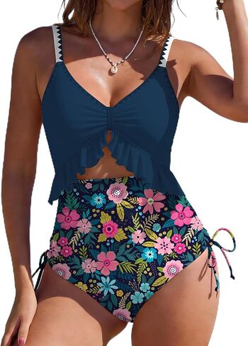 SHESHOW Womens Tummy Control One Piece Swimsuit High Waisted Cutout Ruffle Bathing Suit Color Block Swimsuits S-XXL in Saudi Arabia