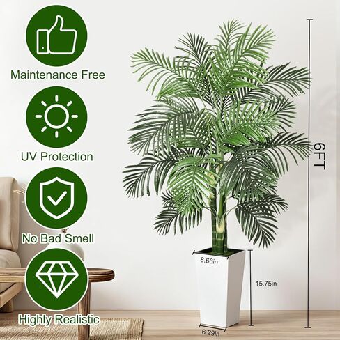 Timoo وهمية شجرة النخيل الديكور 6 قدم النباتات الاصطناعية في الأماكن المغلقة مع زارع طويل القامة الأبيض، مقاومة للأشعة فوق البنفسجية شجرة النخيل وهمية الأريكا مع 3 جذوع نابضة بالحياة وأوراق كاملة، نبات وهمية للمنزل مكتب داخلي في الهواء الطلق in Kuwait