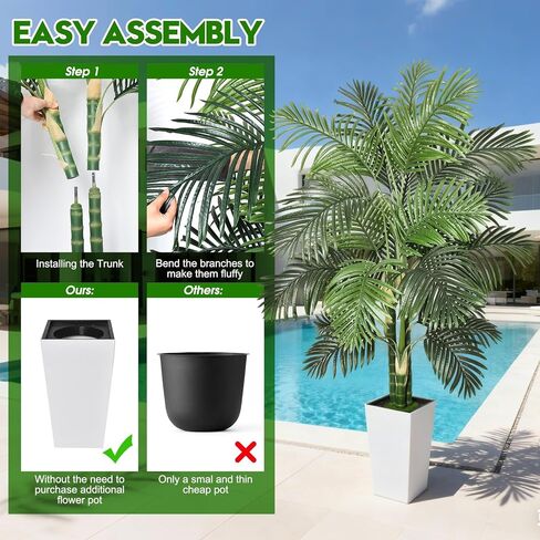 Timoo وهمية شجرة النخيل الديكور 6 قدم النباتات الاصطناعية في الأماكن المغلقة مع زارع طويل القامة الأبيض، مقاومة للأشعة فوق البنفسجية شجرة النخيل وهمية الأريكا مع 3 جذوع نابضة بالحياة وأوراق كاملة، نبات وهمية للمنزل مكتب داخلي في الهواء الطلق in Kuwait