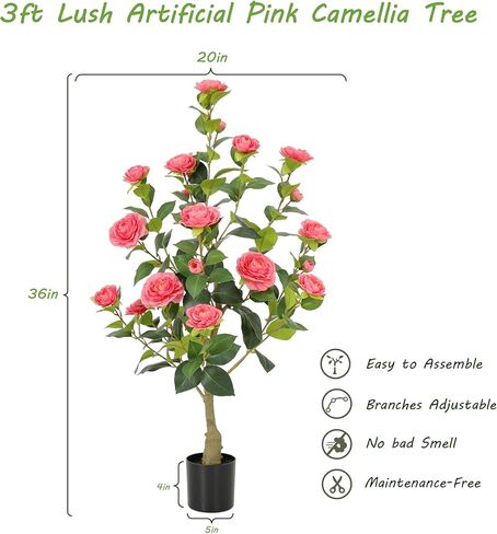 Nafresh 3FT Lush Artificial Pink Camellia Tree Outdoor 2 Pack, 36inch Faux Camellia Plant, Fake Camellia Flowers Tree for Indoor Outdoor Living Room Home Patio Front Door Garden Decor in Saudi Arabia