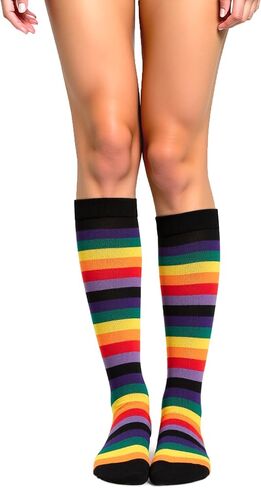Rainbow Striped Knee High Socks for Women Colorful Fun Long Tube Socks Halloween Party Costume Knee Highs Calf Sock in Kuwait