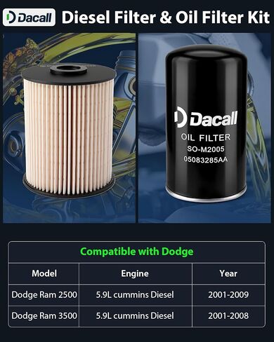 Diesel 5.9L Cummins Filter Kit for Dodge Ram 2500 (2001-2009), for Dodge Ram 3500 (2001-2008), Fuel Filter & Oil Filter, 68001914AB 05083285AA- Please Verify Part Number Before Installation in Saudi Arabia