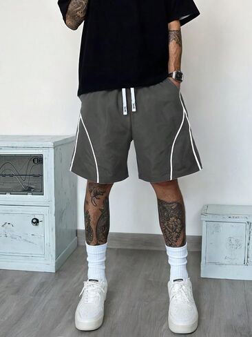 Men's Athletic Shorts, Off White with White Stripe Detail, Drawstring Waist, Casual Sportswear in Saudi Arabia