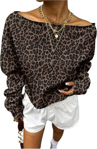 SweatyRocks Women's Off The Shoulder Crop Top Sweatshirts Long Sleeve Loose Leopard Pullovers in Saudi Arabia