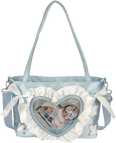 حقيبة كتف بتصميم قلب جميل من الدانتيل، حقيبة مسنجر برباط على طراز الباليه، Anime JK Itabag | حقيبة Ita Display Pin، Kawaii، Y2k، نافذة شفافة، نمط ياباني، جلد صناعي in Kuwait