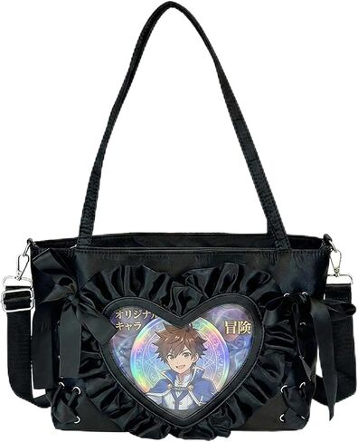 حقيبة كتف بتصميم قلب جميل من الدانتيل، حقيبة مسنجر برباط على طراز الباليه، Anime JK Itabag | حقيبة Ita Display Pin، Kawaii، Y2k، نافذة شفافة، نمط ياباني، جلد صناعي in Saudi Arabia
