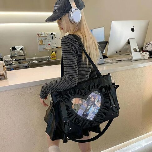 حقيبة كتف بتصميم قلب جميل من الدانتيل، حقيبة مسنجر برباط على طراز الباليه، Anime JK Itabag | حقيبة Ita Display Pin، Kawaii، Y2k، نافذة شفافة، نمط ياباني، جلد صناعي in Kuwait
