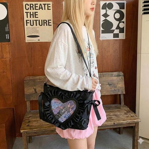 حقيبة كتف بتصميم قلب جميل من الدانتيل، حقيبة مسنجر برباط على طراز الباليه، Anime JK Itabag | حقيبة Ita Display Pin، Kawaii، Y2k، نافذة شفافة، نمط ياباني، جلد صناعي in Kuwait