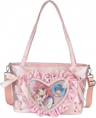 حقيبة كتف بتصميم قلب جميل من الدانتيل، حقيبة مسنجر برباط على طراز الباليه، Anime JK Itabag | حقيبة Ita Display Pin، Kawaii، Y2k، نافذة شفافة، نمط ياباني، جلد صناعي in Kuwait