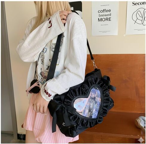 حقيبة كتف بتصميم قلب جميل من الدانتيل، حقيبة مسنجر برباط على طراز الباليه، Anime JK Itabag | حقيبة Ita Display Pin، Kawaii، Y2k، نافذة شفافة، نمط ياباني، جلد صناعي in Kuwait
