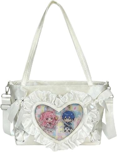 حقيبة كتف بتصميم قلب جميل من الدانتيل، حقيبة مسنجر برباط على طراز الباليه، Anime JK Itabag | حقيبة Ita Display Pin، Kawaii، Y2k، نافذة شفافة، نمط ياباني، جلد صناعي in Kuwait