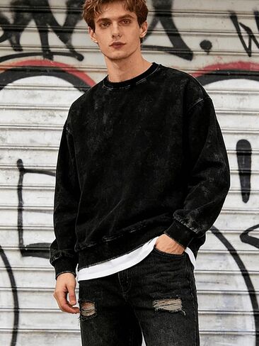 Distressed Wash T-Shirt for Men and Women, Fashion Faded Look, Soft Feel, Black, Size L in Saudi Arabia