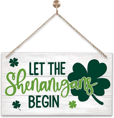 علامة باب أمامية خشبية لعيد القديس باتريك شامروك، 'دع الشينانيغانز تبدأ' ديكور باب بطابع شامروك الأيرلندي للعطلات والشرفة الأمامية في الهواء الطلق وشرفة المزرعة الريفية وعلامة باب فنية جدارية مقاس 11.8 × 6.6 بوصة in Kuwait