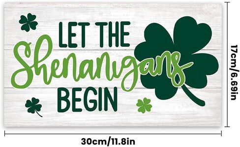 علامة باب أمامية خشبية لعيد القديس باتريك شامروك، 'دع الشينانيغانز تبدأ' ديكور باب بطابع شامروك الأيرلندي للعطلات والشرفة الأمامية في الهواء الطلق وشرفة المزرعة الريفية وعلامة باب فنية جدارية مقاس 11.8 × 6.6 بوصة in Kuwait