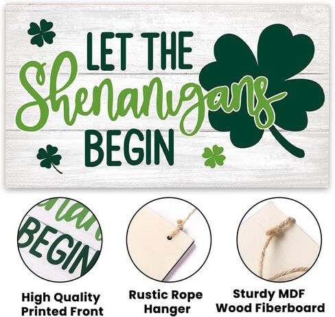 علامة باب أمامية خشبية لعيد القديس باتريك شامروك، 'دع الشينانيغانز تبدأ' ديكور باب بطابع شامروك الأيرلندي للعطلات والشرفة الأمامية في الهواء الطلق وشرفة المزرعة الريفية وعلامة باب فنية جدارية مقاس 11.8 × 6.6 بوصة in Kuwait