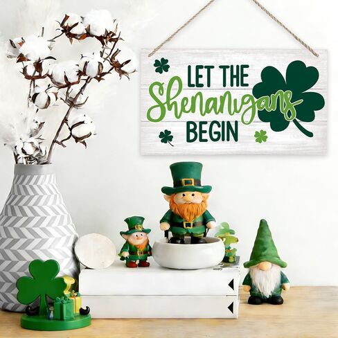 علامة باب أمامية خشبية لعيد القديس باتريك شامروك، 'دع الشينانيغانز تبدأ' ديكور باب بطابع شامروك الأيرلندي للعطلات والشرفة الأمامية في الهواء الطلق وشرفة المزرعة الريفية وعلامة باب فنية جدارية مقاس 11.8 × 6.6 بوصة in Kuwait