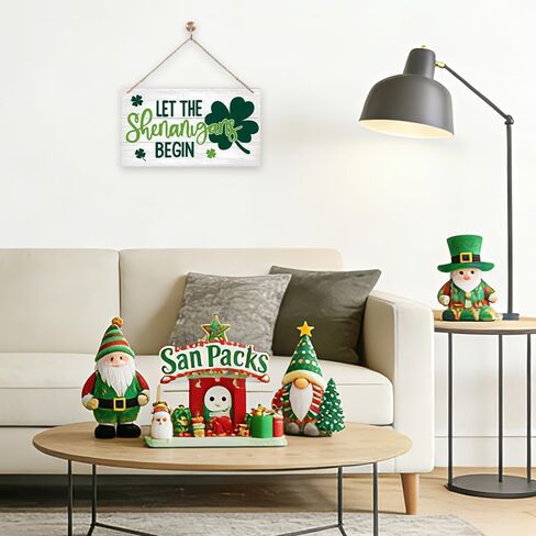 علامة باب أمامية خشبية لعيد القديس باتريك شامروك، 'دع الشينانيغانز تبدأ' ديكور باب بطابع شامروك الأيرلندي للعطلات والشرفة الأمامية في الهواء الطلق وشرفة المزرعة الريفية وعلامة باب فنية جدارية مقاس 11.8 × 6.6 بوصة in Kuwait