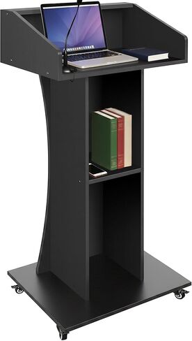 Podium Stand with Lockable Wheels,47"H Wooden Podium for Classroom, Mobile Pulpit Lectern with 3 Storage Shelves for Church, Office,Conference Room (Black) in Kuwait
