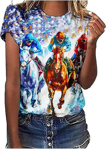Mzkdieey Horse Racing Shirts for Women Summer Casual Short Sleeve Tops Funny Graphic Tees Crewneck Loose Fit Tunic Blouse in Kuwait