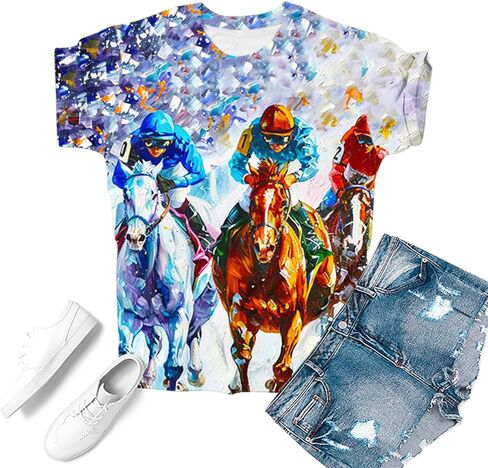 Mzkdieey Horse Racing Shirts for Women Summer Casual Short Sleeve Tops Funny Graphic Tees Crewneck Loose Fit Tunic Blouse in Saudi Arabia