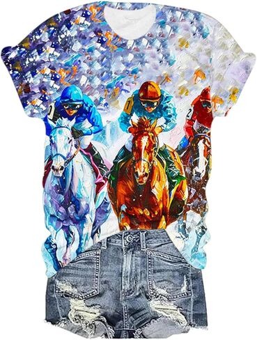 Mzkdieey Horse Racing Shirts for Women Summer Casual Short Sleeve Tops Funny Graphic Tees Crewneck Loose Fit Tunic Blouse in Saudi Arabia