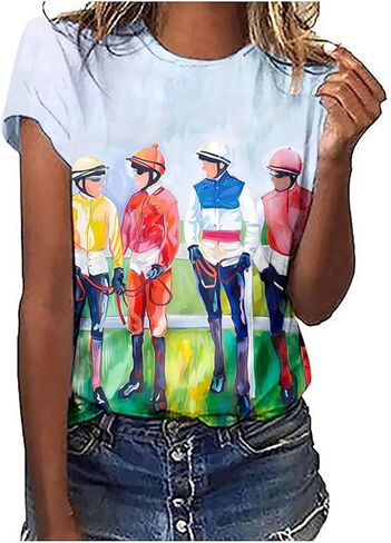 Mzkdieey Horse Racing Shirts for Women Summer Casual Short Sleeve Tops Funny Graphic Tees Crewneck Loose Fit Tunic Blouse in Saudi Arabia