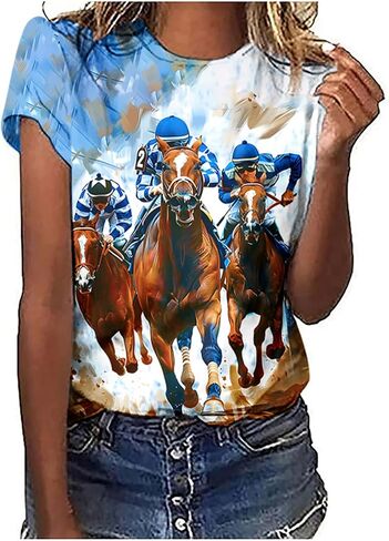 Mzkdieey Horse Racing Shirts for Women Summer Casual Short Sleeve Tops Funny Graphic Tees Crewneck Loose Fit Tunic Blouse in Saudi Arabia