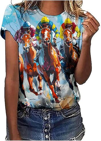 Mzkdieey Horse Racing Shirts for Women Summer Casual Short Sleeve Tops Funny Graphic Tees Crewneck Loose Fit Tunic Blouse in Saudi Arabia