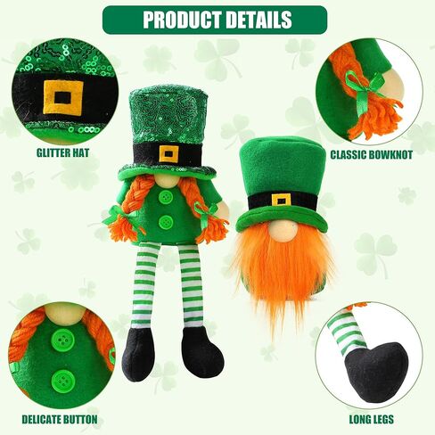 Sggvecsy 2 Pack St.Patrick’s Day Gnome Plush Doll Green Irish Decorations Leprechaun Hat Scandinavian Swedish Tomte Nisse with Legs Shamrock Gnome for Gift Dwarf Ornament Home Decorations in Saudi Arabia