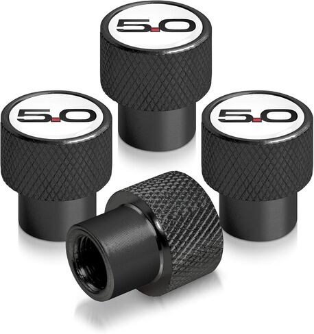 iPick Image for Ford Mustang 5.0 in White on Black Easy-Grip Aluminum Tire Valve Stem Caps in Saudi Arabia