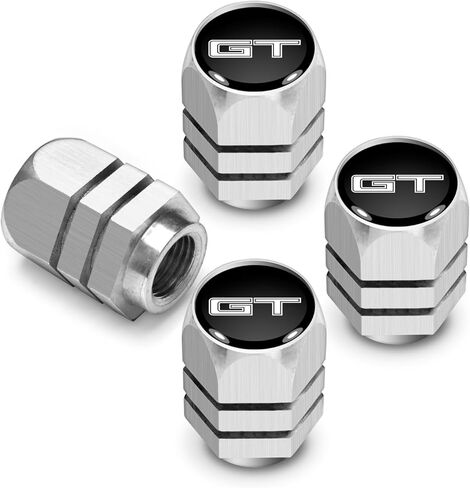 iPick Image for Ford Mustang GT in Black on Silver Chrome Hexagon Shape Aluminum Tire Valve Stem Caps in Saudi Arabia