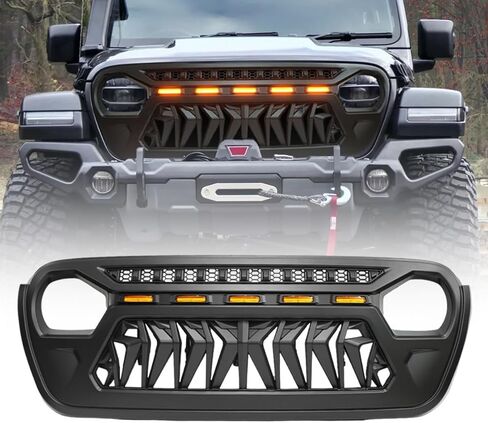 Front Grill Cover with Amber LED Day Running Lights for 2018 2019 2020 2021 2022 2023 2024 Wrangler JL Grille Guard，Matte Black（1pcs） in Kuwait