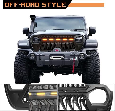 Front Grill Cover with Amber LED Day Running Lights for 2018 2019 2020 2021 2022 2023 2024 Wrangler JL Grille Guard，Matte Black（1pcs） in Kuwait