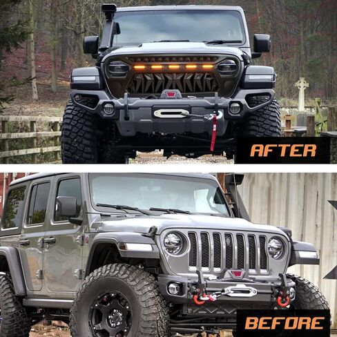 Front Grill Cover with Amber LED Day Running Lights for 2018 2019 2020 2021 2022 2023 2024 Wrangler JL Grille Guard，Matte Black（1pcs） in Kuwait