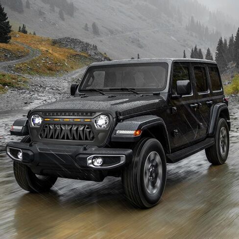 Front Grill Cover with Amber LED Day Running Lights for 2018 2019 2020 2021 2022 2023 2024 Wrangler JL Grille Guard，Matte Black（1pcs） in Kuwait