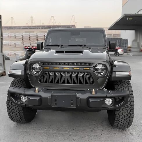 Front Grill Cover with Amber LED Day Running Lights for 2018 2019 2020 2021 2022 2023 2024 Wrangler JL Grille Guard，Matte Black（1pcs） in Kuwait