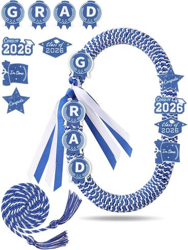 ZenNex 2026 Graduation Lei and Honor Cord Handmade Threaded Braided Ribbon Necklace Graduation Money Lei with 8 Innovative Patches for High School College Ceremony in Saudi Arabia