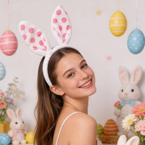 Easter White Plush Bunny Ears Headband Plush Rabbit Ear Hairband for Women Girls Easter Party Costume Hair Accessory 2pcs pack (Rose and pink Polka dots) (2, Rose Pink) in Saudi Arabia