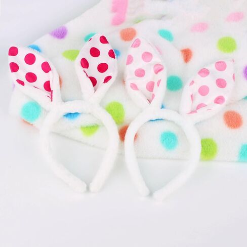 Easter White Plush Bunny Ears Headband Plush Rabbit Ear Hairband for Women Girls Easter Party Costume Hair Accessory 2pcs pack (Rose and pink Polka dots) (2, Rose Pink) in Saudi Arabia