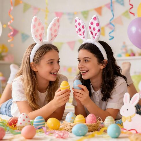 Easter White Plush Bunny Ears Headband Plush Rabbit Ear Hairband for Women Girls Easter Party Costume Hair Accessory 2pcs pack (Rose and pink Polka dots) (2, Rose Pink) in Saudi Arabia