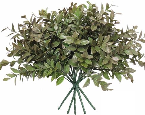 6 Bundles Artificial Greenery Stems, 14.5" White Fake Lucky Bamboo Leaves Faux Outdoor Plants UV Resistant Plastic Shrubs for Window Box Garden Patio Farmhouse Pathway Indoor Outside Decorations in Saudi Arabia