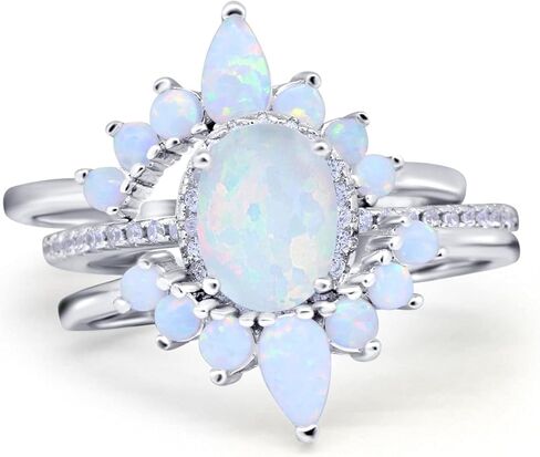 Blue Apple Co. Three Piece Set Oval Halo Lab White Opal Teardrop Art Deco Wedding Engagement Ring Vintage Band Simulated Cubic Zirconia Solid 925 Sterling Silver in Saudi Arabia