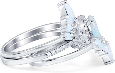 Blue Apple Co. Three Piece Set Oval Halo Lab White Opal Teardrop Art Deco Wedding Engagement Ring Vintage Band Simulated Cubic Zirconia Solid 925 Sterling Silver in Saudi Arabia