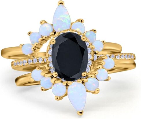 Blue Apple Co. Three Piece Set Oval Halo Lab White Opal Teardrop Art Deco Wedding Engagement Ring Vintage Band Simulated Cubic Zirconia Solid 925 Sterling Silver in Saudi Arabia