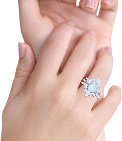 Blue Apple Co. Three Piece Set Oval Halo Lab White Opal Teardrop Art Deco Wedding Engagement Ring Vintage Band Simulated Cubic Zirconia Solid 925 Sterling Silver in Saudi Arabia