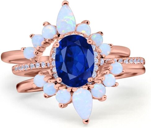 Blue Apple Co. Three Piece Set Oval Halo Lab White Opal Teardrop Art Deco Wedding Engagement Ring Vintage Band Simulated Cubic Zirconia Solid 925 Sterling Silver in Saudi Arabia