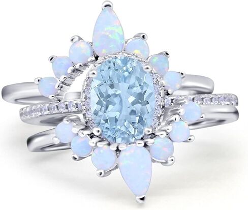 Blue Apple Co. Three Piece Set Oval Halo Lab White Opal Teardrop Art Deco Wedding Engagement Ring Vintage Band Simulated Cubic Zirconia Solid 925 Sterling Silver in Saudi Arabia